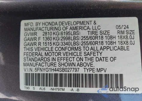 2025 Honda Pilot Ex-L z USA, uszkodzony, nr VIN 5FNYG1H44SB027797